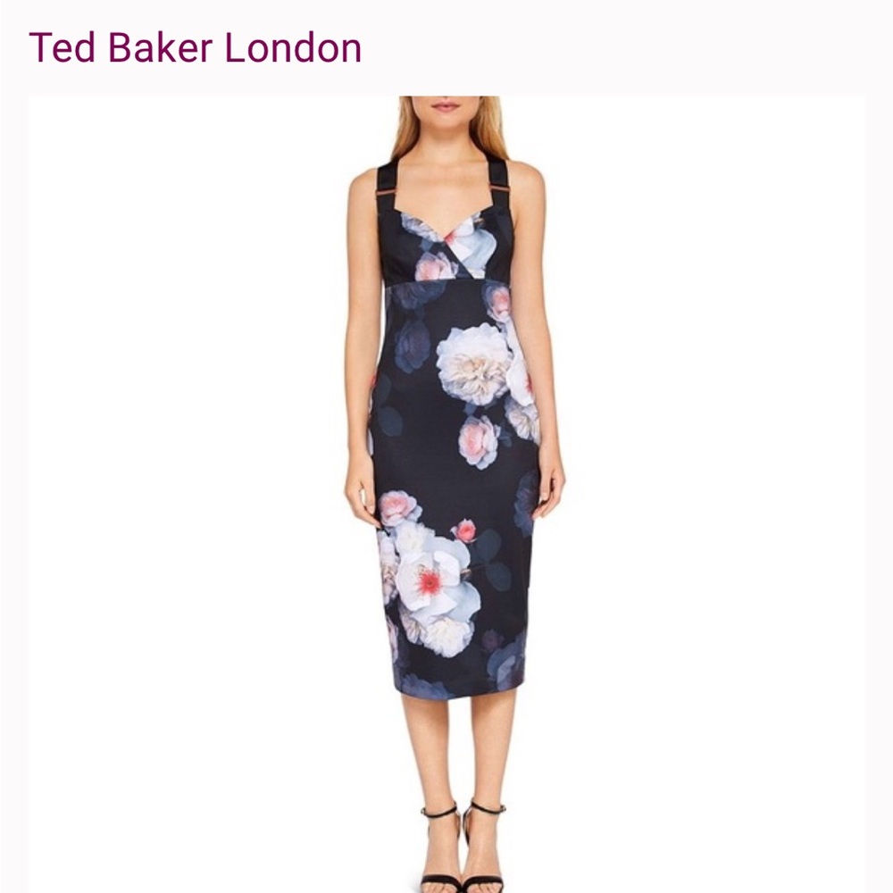 Ted Baker London Navy and Pink Floral Midi Dress